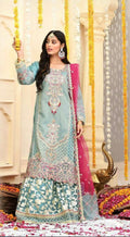 Model wearing a mint green embroidered masoor kurta and matching Banarasi gharara, bright pink dupatta, traditional Indian/Pakistani decor backdrop.