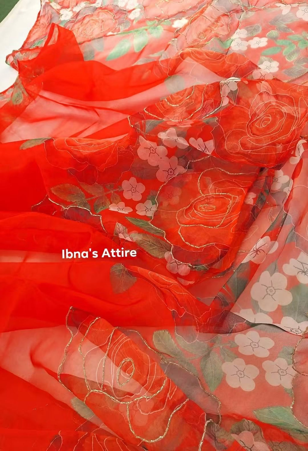 Red Soft Organza Saree | All-Over Floral Print with Kardana Handwork & Bangalory Silk Blouse Piece