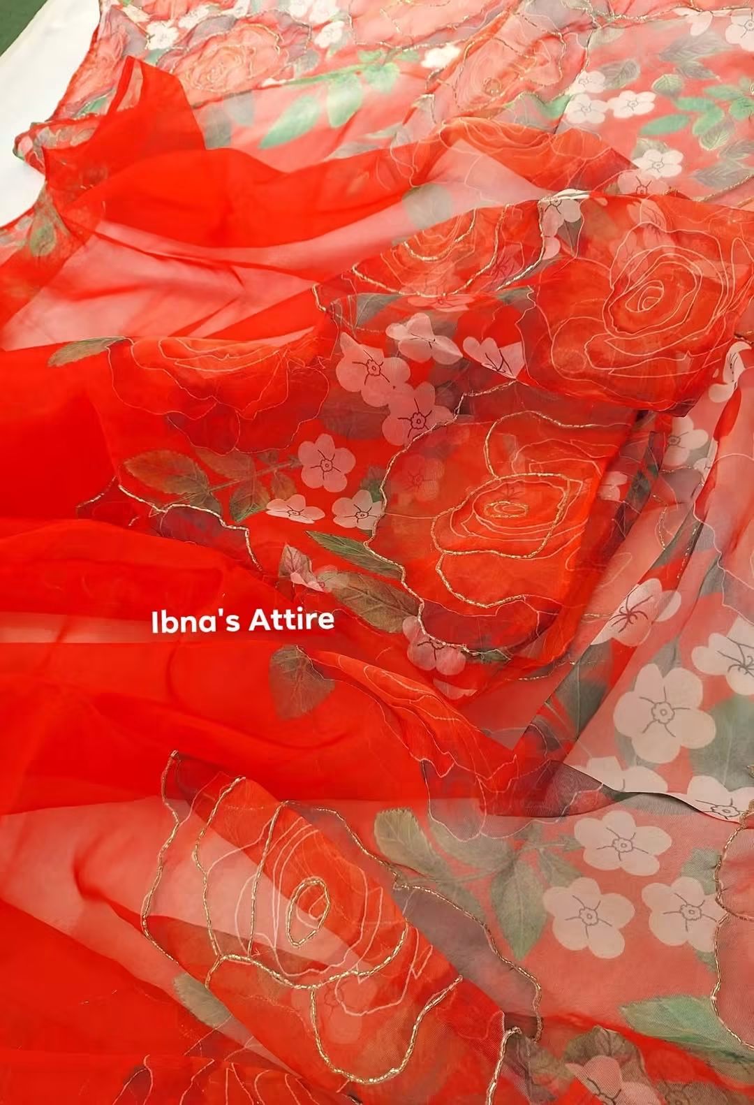 Red Soft Organza Saree | All-Over Floral Print with Kardana Handwork & Bangalory Silk Blouse Piece