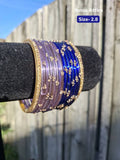 Lavender & Royal Blue Glass Bangle Set with Golden Rhinestones & Edge Kada (12-Piece Set) | Traditional Indian Glass Bangles (Size 2.8)