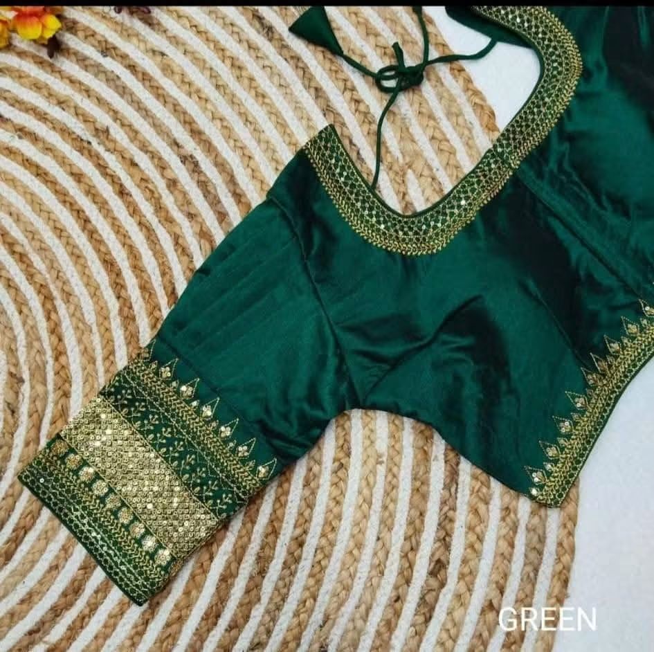 Ready-to-Wear Boutique Special Jasmin Silk Blouse with Sequence Embroidery, Puff Elbow Sleeves in Green- (Size-38)-(Free Size Alteration From 36 to 40 Size)