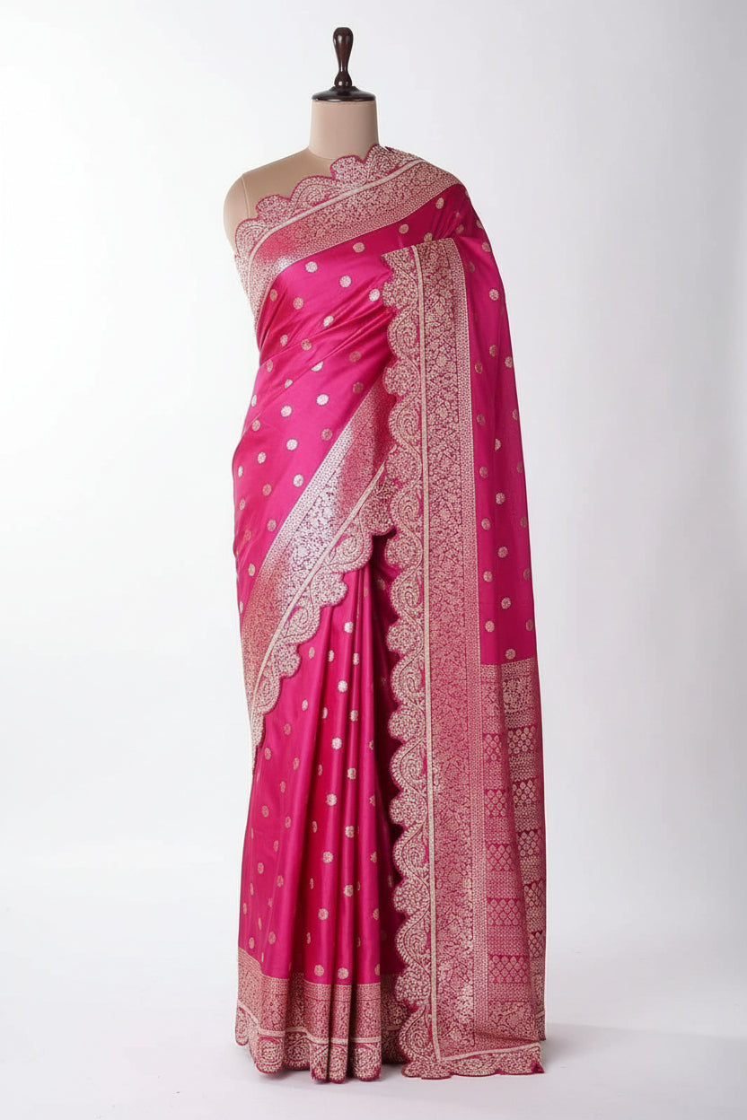 Pink saree with white patterns on a mannequin against a gray background